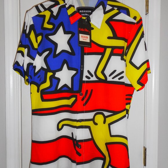 NWT Keith Haring LGBTQ Pride  Red White Blue Flag w/Yellow Figures szM - Picture 1 of 6